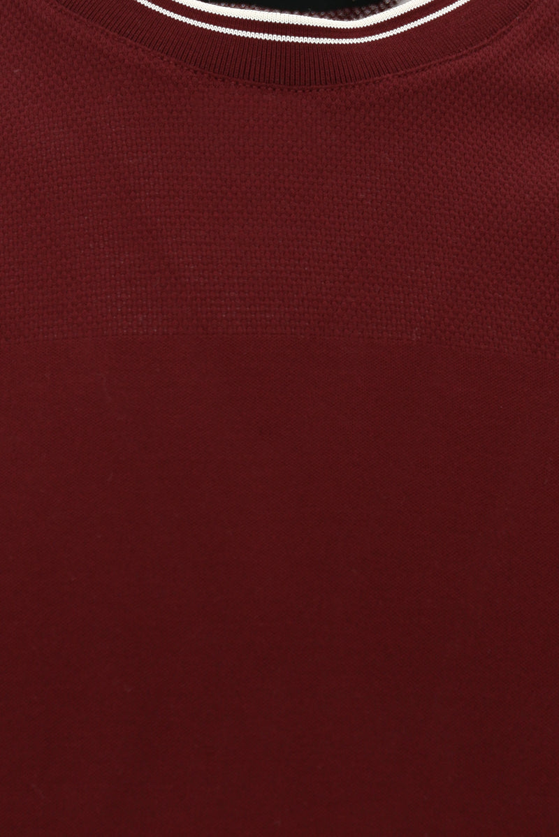 Koyu Bordo Bisiklet Yaka Slim Fit Dar Kesim Desenli Merserize Pamuk T-shirt