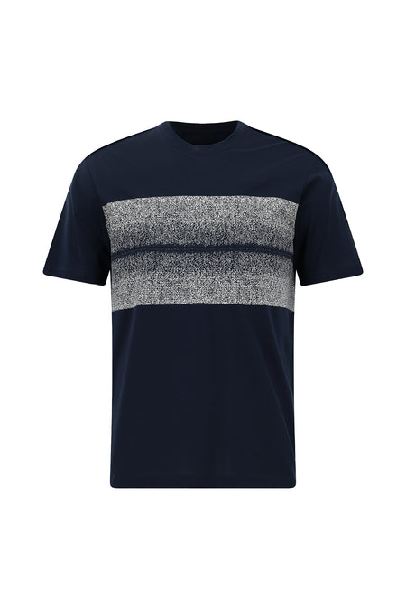 Koyu Lacivert Bisiklet Yaka Slim Fit Dar Kesim Desenli Merserize Pamuk T-shirt