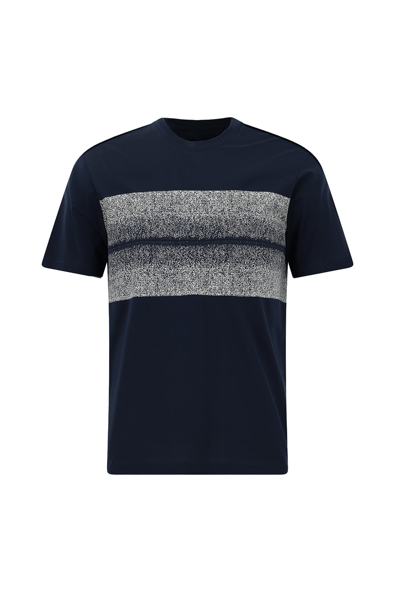 Koyu Lacivert Bisiklet Yaka Slim Fit Dar Kesim Desenli Merserize Pamuk T-shirt