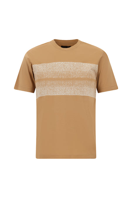 Koyu Bej Bisiklet Yaka Slim Fit Dar Kesim Desenli Merserize Pamuk T-shirt