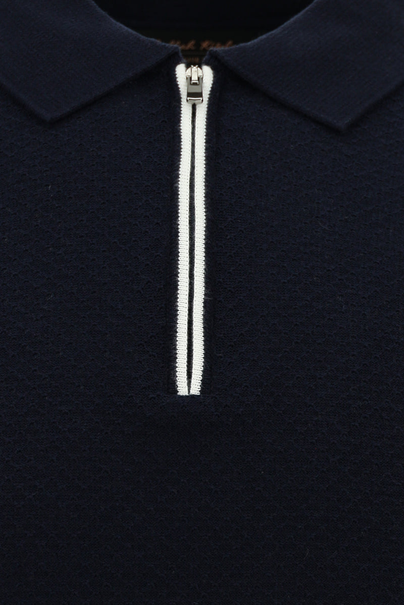 Orta Lacivert Regular Fit Fermuarlı Desenli Pamuklu Polo Yaka Triko T-shirt