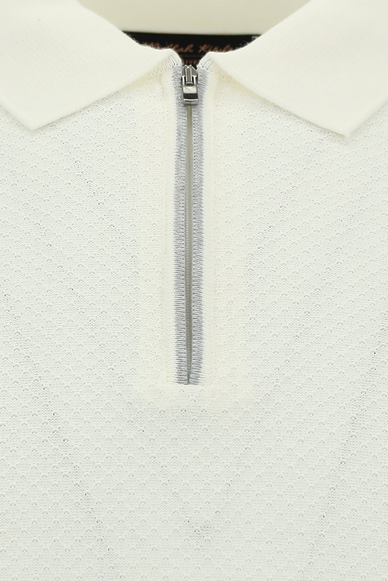 Ekru Regular Fit Fermuarlı Desenli Pamuklu Polo Yaka Triko T-shirt