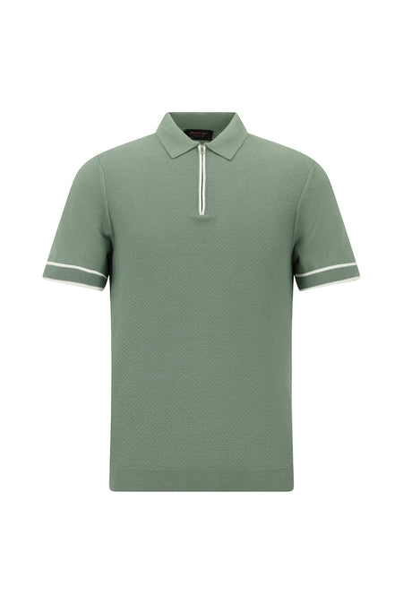 Küf Yeşili Regular Fit Fermuarlı Desenli Pamuklu Polo Yaka T-shirt
