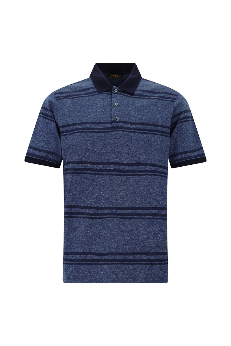 Açık Lacivert Regular Fit Çizgili Cepli Merserize Pamuk Polo Yaka T-shirt