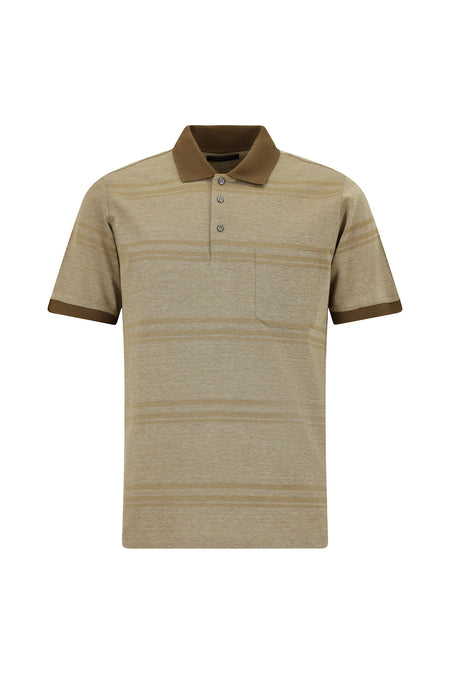 Orta Bej Regular Fit Çizgili Cepli Merserize Pamuk Polo Yaka T-shirt