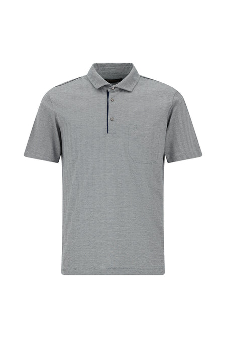Orta Gri Regular Fit Çizgili Nakışlı Cepli Merserize Pamuk Polo Yaka T-shirt