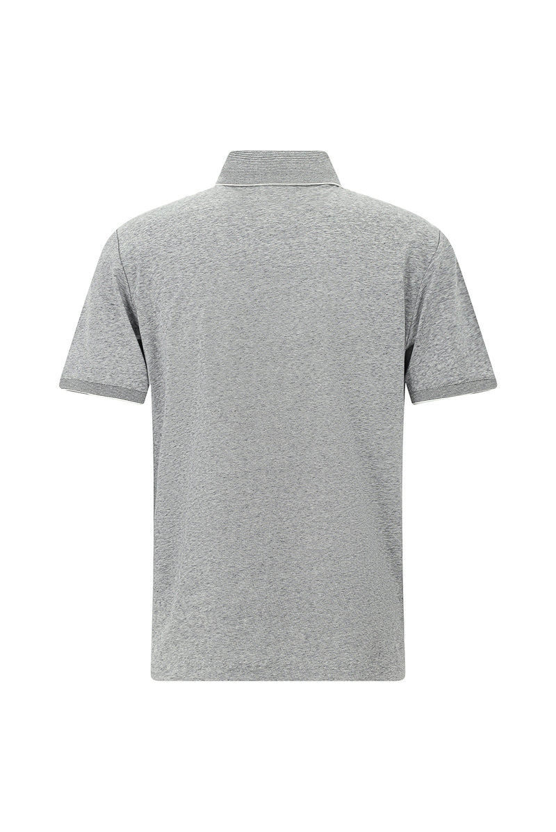 Orta Gri Regular Fit Çizgili Merserize Pamuklu Keten Polo Yaka T-shirt