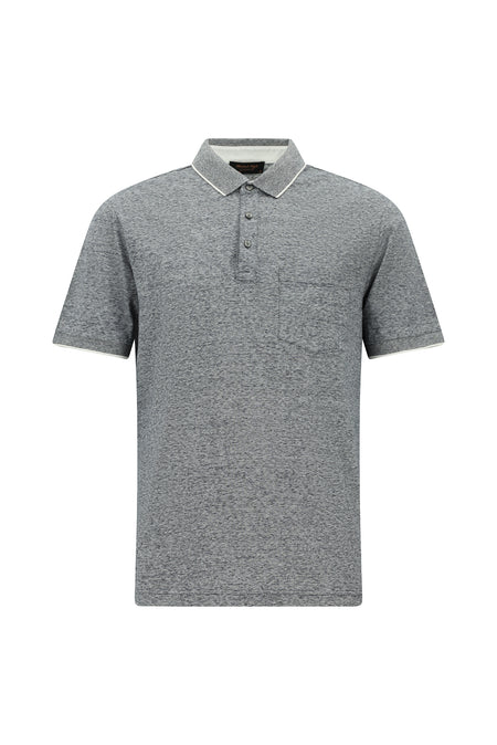 Orta Lacivert Regular Fit Çizgili Merserize Pamuklu Keten Polo Yaka T-shirt