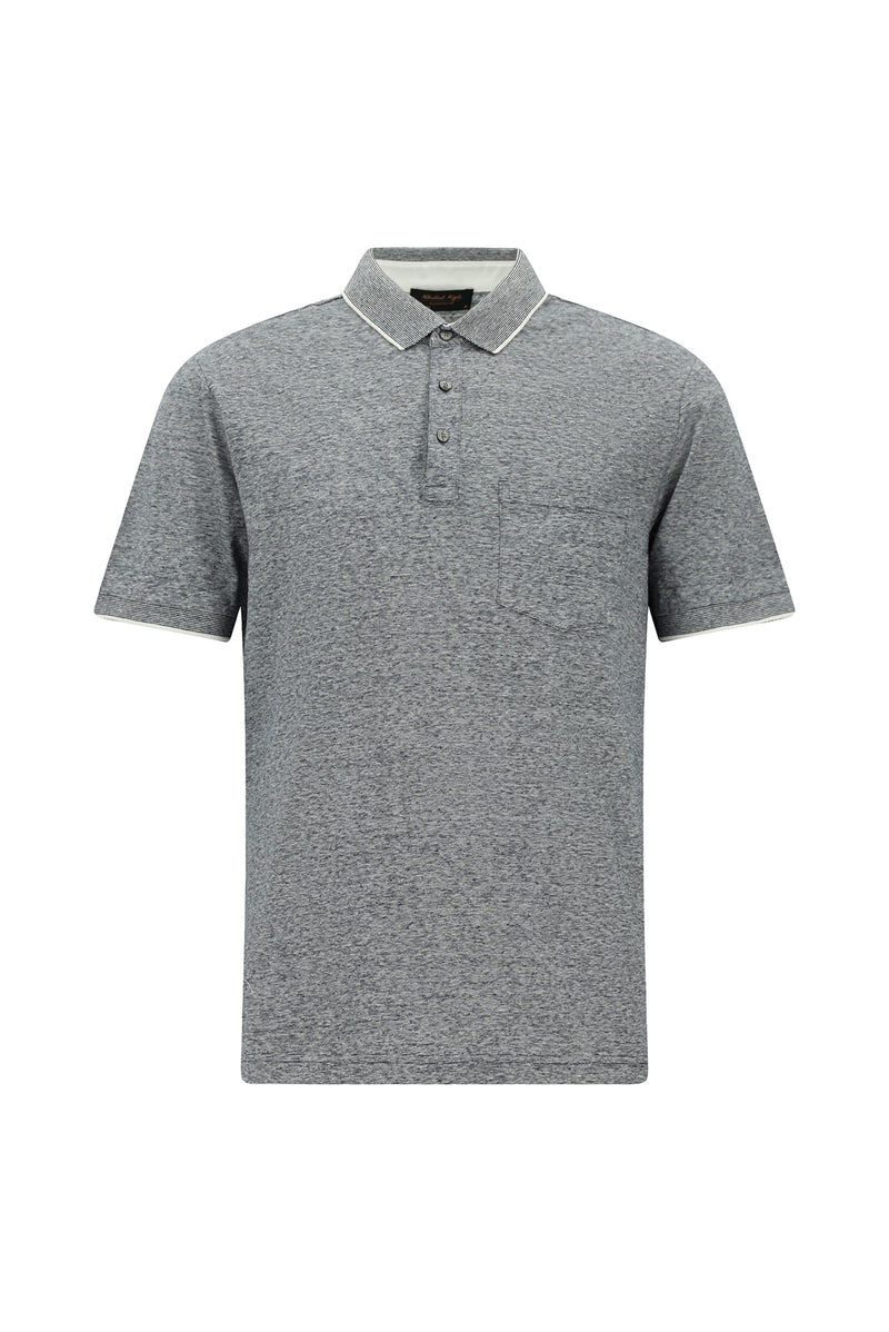 Orta Lacivert Regular Fit Çizgili Merserize Pamuklu Keten Polo Yaka T-shirt
