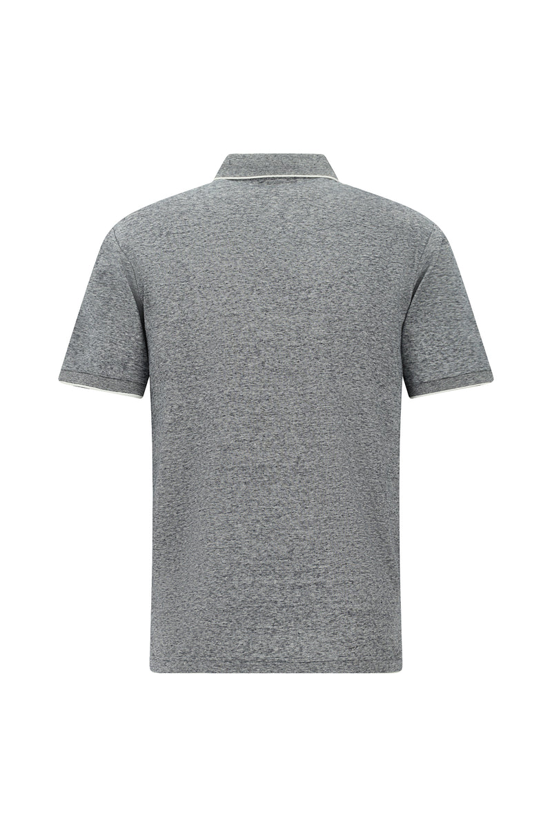 Orta Lacivert Regular Fit Çizgili Merserize Pamuklu Keten Polo Yaka T-shirt