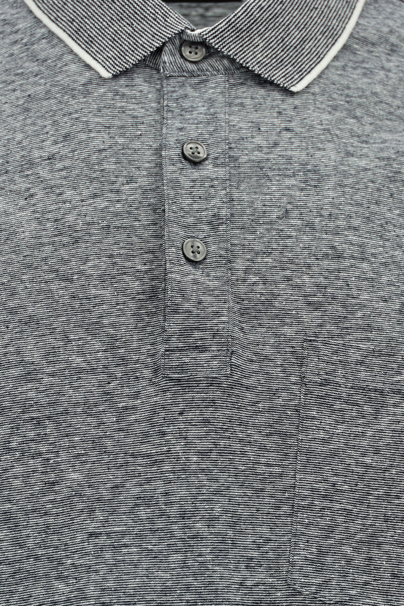 Orta Lacivert Regular Fit Çizgili Merserize Pamuklu Keten Polo Yaka T-shirt