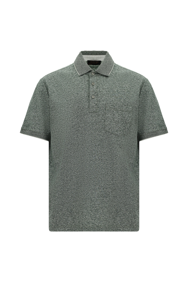 Orta Haki Regular Fit Çizgili Merserize Pamuklu Keten Polo Yaka T-shirt