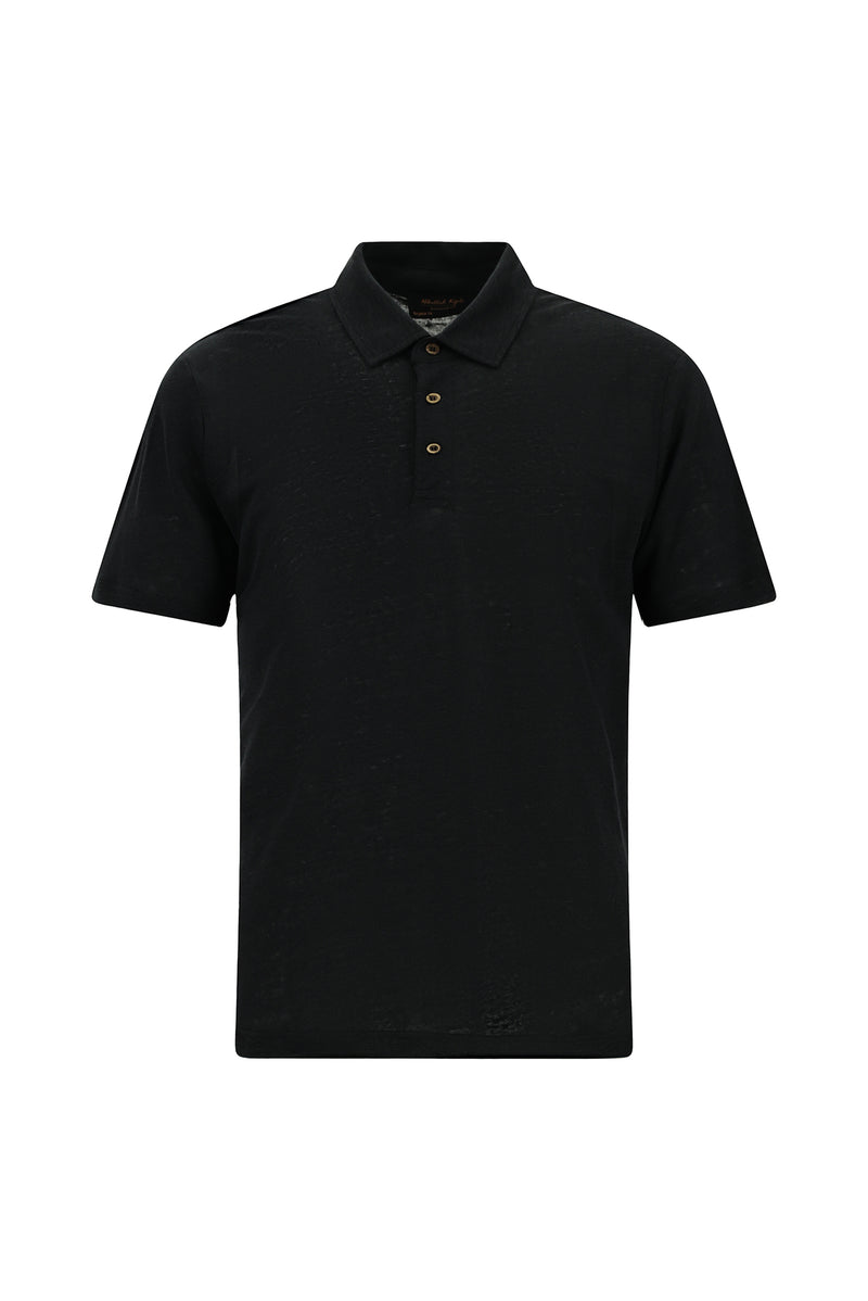 Siyah Regular Fit Keten Polo Yaka T-shirt
