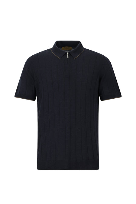 Koyu Lacivert Slim Fit Dar Kesim Desenli Fermuarlı İtalyan Triko Polo T-shirt