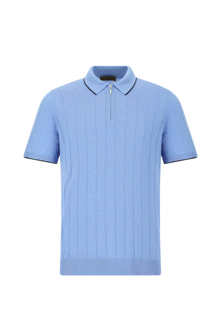 Mavi Slim Fit Dar Kesim Desenli Fermuarlı İtalyan Triko Polo T-shirt