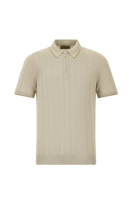 Orta Bej Slim Fit Dar Kesim Desenli Fermuarlı İtalyan Triko Polo T-shirt