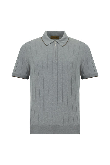 Orta Anrasit Melanj Slim Fit Dar Kesim Desenli Fermuarlı İtalyan Triko Polo T-shirt
