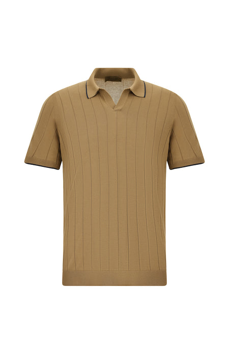 Koyu Bej Slim Fit Dar Kesim Çizgili İtalyan Triko Polo T-shirt