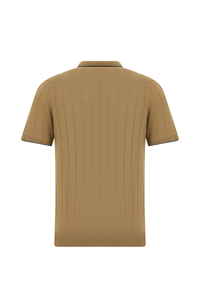 Koyu Bej Slim Fit Dar Kesim Çizgili İtalyan Triko Polo T-shirt