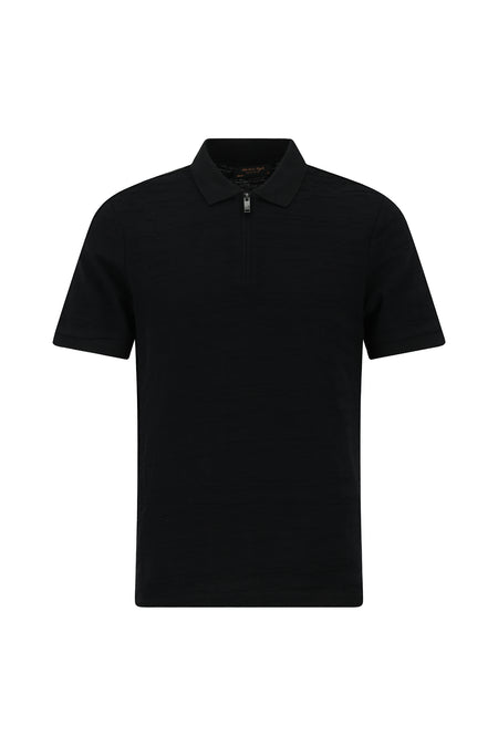 Siyah Slim Fit Dar Kesim Fermuarlı Merserize Pamuk Desenli Polo Yaka T-shirt