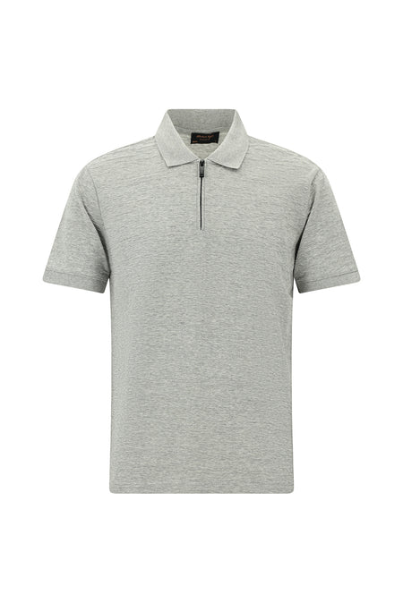 Açık Gri Slim Fit Dar Kesim Fermuarlı Merserize Pamuk Desenli Polo Yaka T-shirt