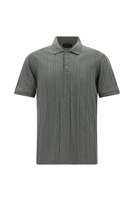 Orta Gri Melanj Slim Fit Dar Kesim Merserize Pamuk Desenli Polo Yaka T-shirt