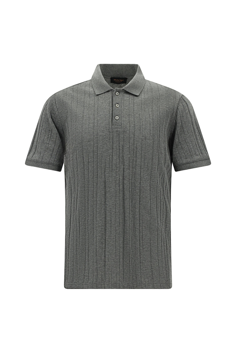 Orta Gri Melanj Slim Fit Dar Kesim Merserize Pamuk Desenli Polo Yaka T-shirt