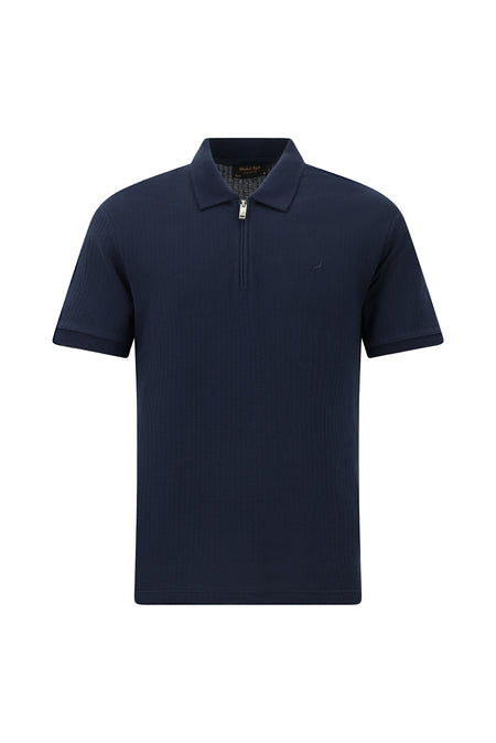 Koyu Lacivert Slim Fit Dar Kesim Fermuarlı Nakışlı Pamuk Desenli Polo Yaka T-shirt