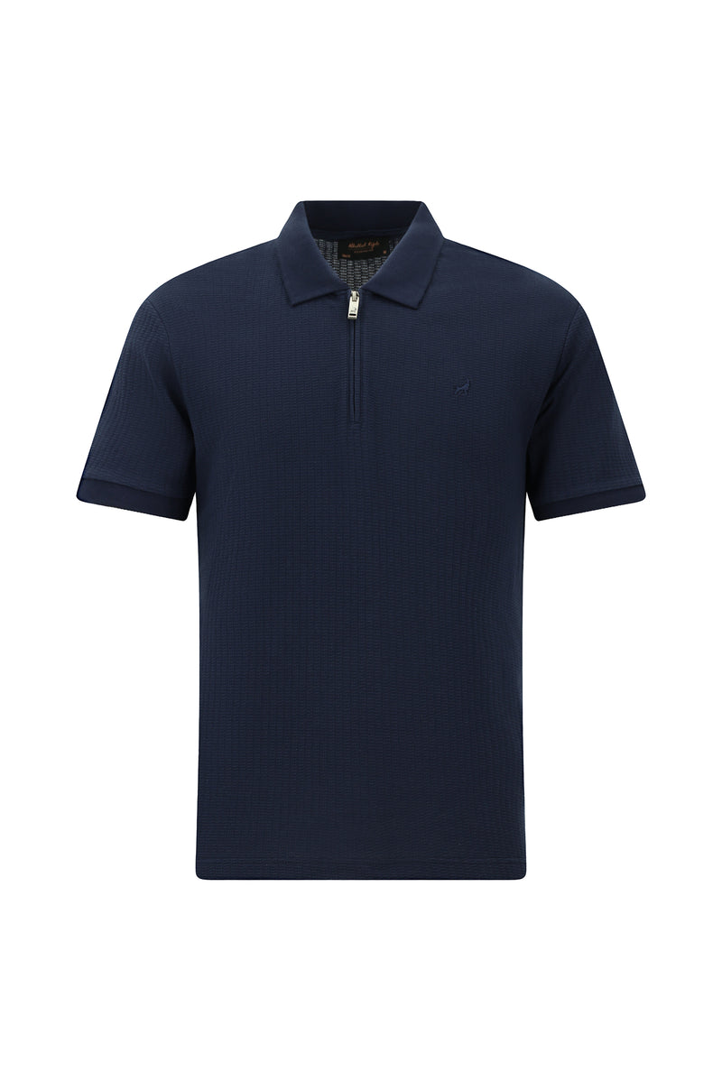 Koyu Lacivert Slim Fit Dar Kesim Fermuarlı Nakışlı Pamuk Desenli Polo Yaka T-shirt