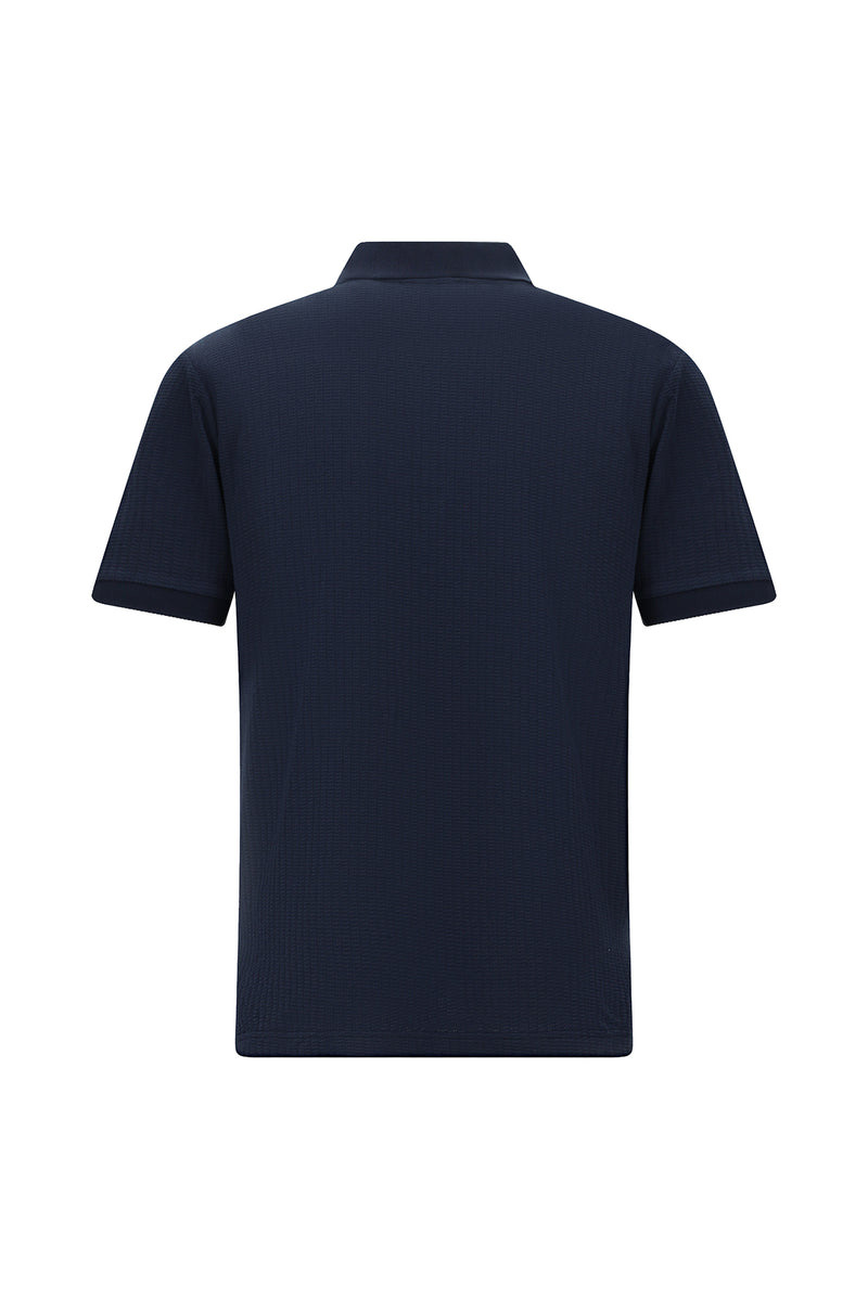Koyu Lacivert Slim Fit Dar Kesim Fermuarlı Nakışlı Pamuk Desenli Polo Yaka T-shirt