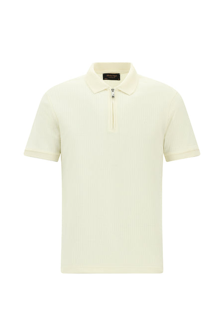 Kırık Beyaz Slim Fit Dar Kesim Fermuarlı Nakışlı Pamuk Desenli Polo Yaka T-shirt