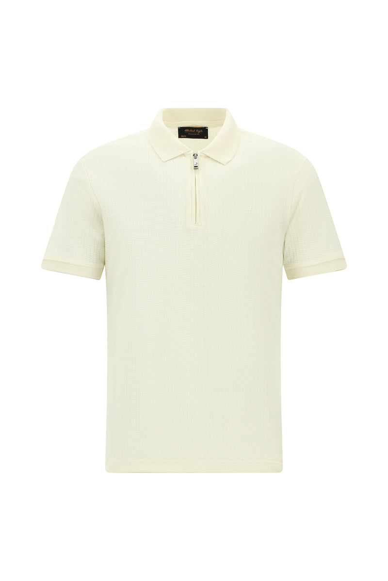 Kırık Beyaz Slim Fit Dar Kesim Fermuarlı Nakışlı Pamuk Desenli Polo Yaka T-shirt
