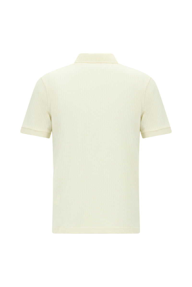 Kırık Beyaz Slim Fit Dar Kesim Fermuarlı Nakışlı Pamuk Desenli Polo Yaka T-shirt