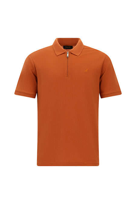 Kiremit Slim Fit Dar Kesim Fermuarlı Nakışlı Pamuk Desenli Polo Yaka T-shirt