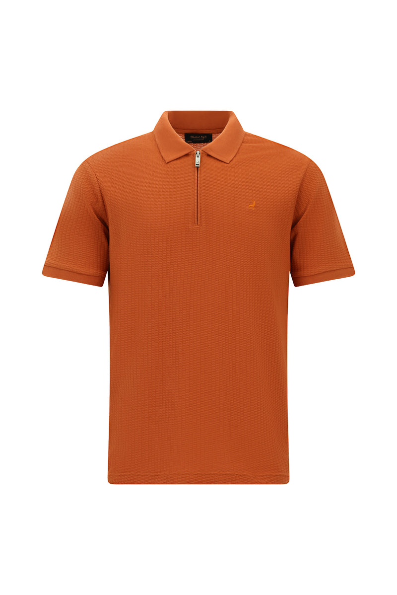 Kiremit Slim Fit Dar Kesim Fermuarlı Nakışlı Pamuk Desenli Polo Yaka T-shirt