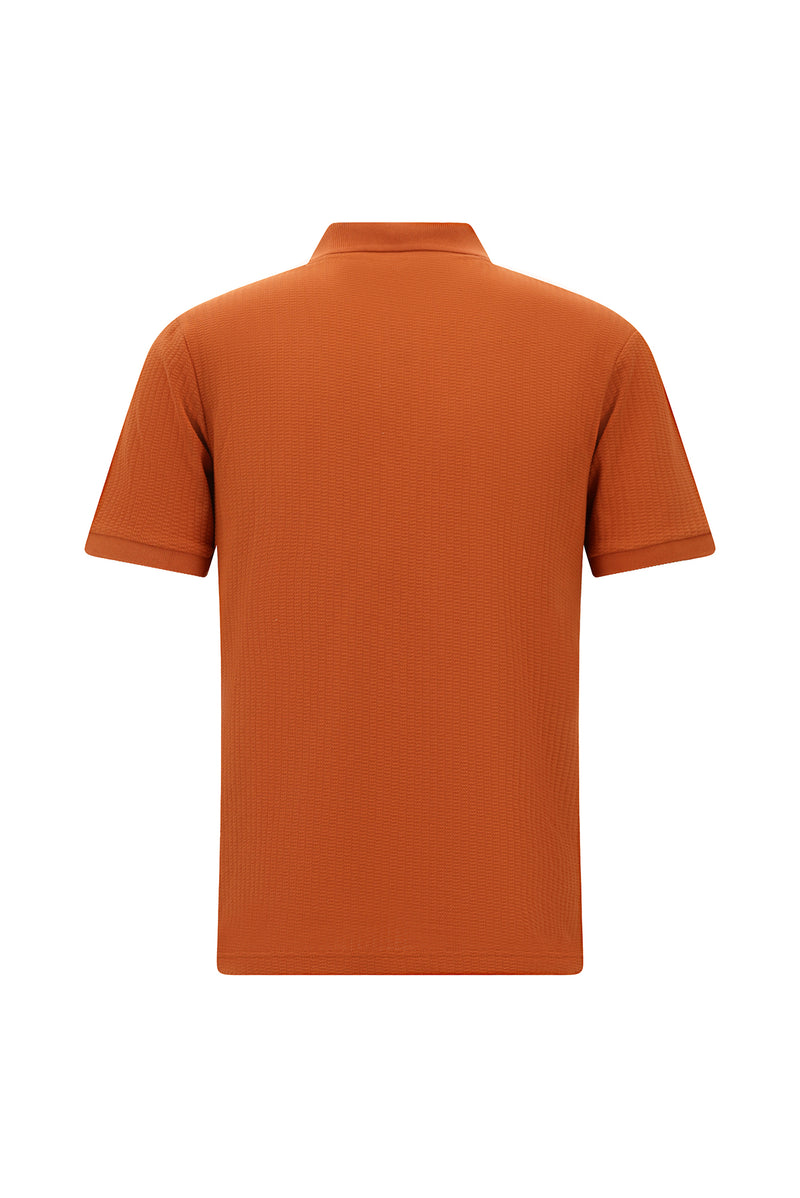 Kiremit Slim Fit Dar Kesim Fermuarlı Nakışlı Pamuk Desenli Polo Yaka T-shirt