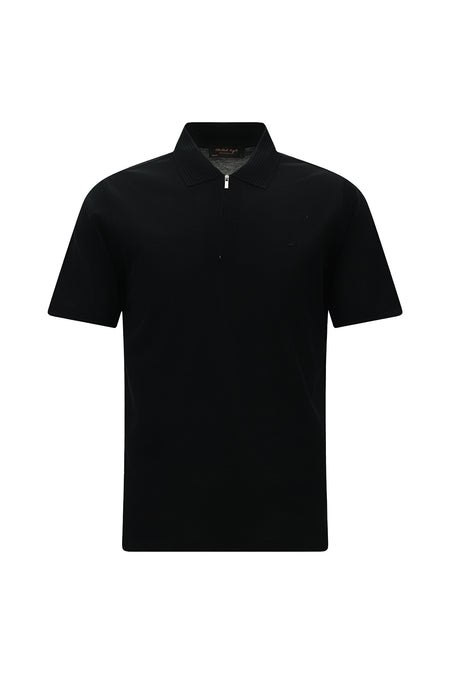 Siyah Slim Fit Dar Kesim Fermuarlı Nakışlı Merserize Pamuk Polo Yaka T-shirt