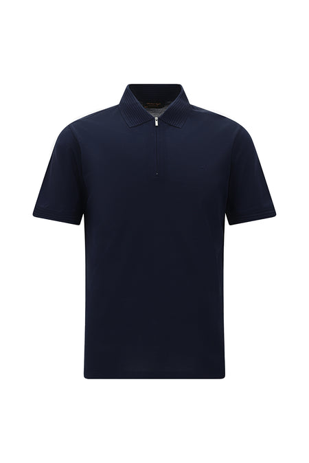 Orta Lacivert Slim Fit Dar Kesim Fermuarlı Nakışlı Merserize Pamuk Polo Yaka T-shirt