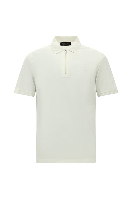 Kırık Beyaz Slim Fit Dar Kesim Fermuarlı Nakışlı Merserize Pamuk Polo Yaka T-shirt