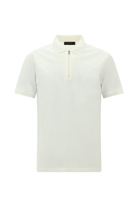 Kırık Beyaz Slim Fit Dar Kesim Fermuarlı Nakışlı Merserize Pamuk Polo Yaka T-shirt