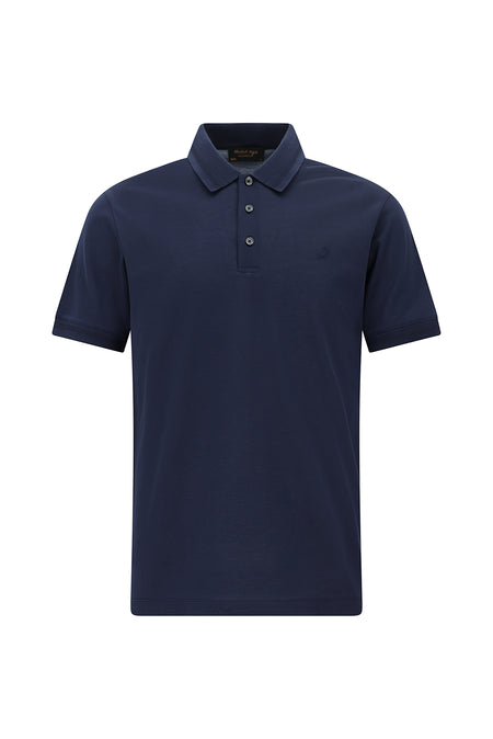 Orta Lacivert Slim Fit Dar Kesim Nakışlı Merserize Pamuk Polo Yaka T-shirt