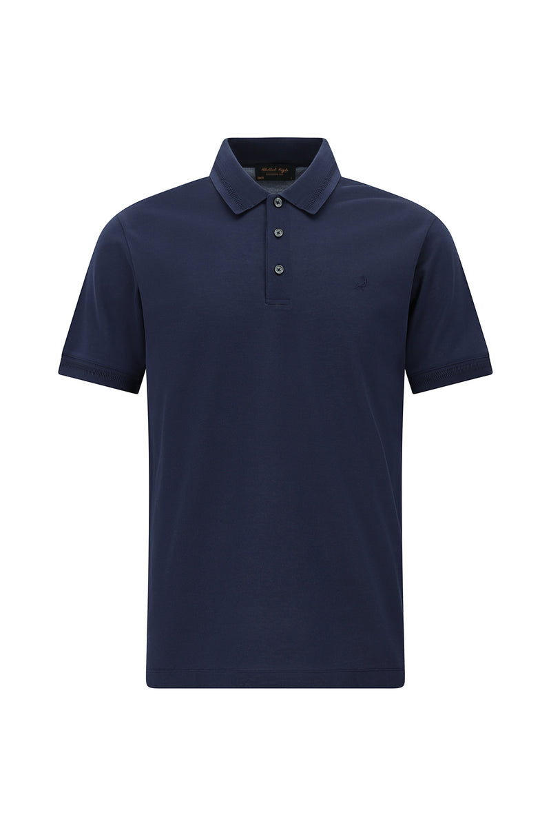 Orta Lacivert Slim Fit Dar Kesim Nakışlı Merserize Pamuk Polo Yaka T-shirt