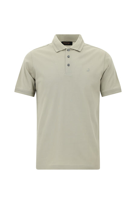 Orta Bej Slim Fit Dar Kesim Nakışlı Merserize Pamuk Polo Yaka T-shirt