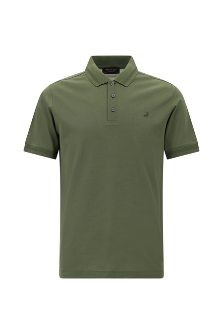 Orta Haki Slim Fit Dar Kesim Nakışlı Merserize Pamuk Polo Yaka T-shirt