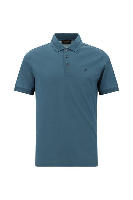 Orta Petrol Slim Fit Dar Kesim Nakışlı Merserize Pamuk Polo Yaka T-shirt