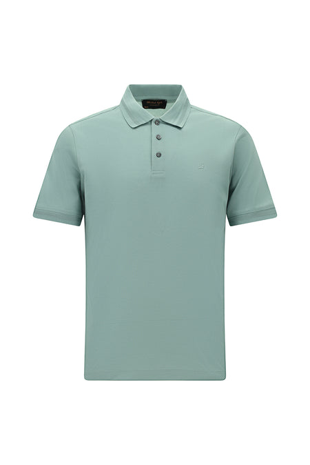Su Yeşili Slim Fit Dar Kesim Nakışlı Merserize Pamuk Polo Yaka T-shirt