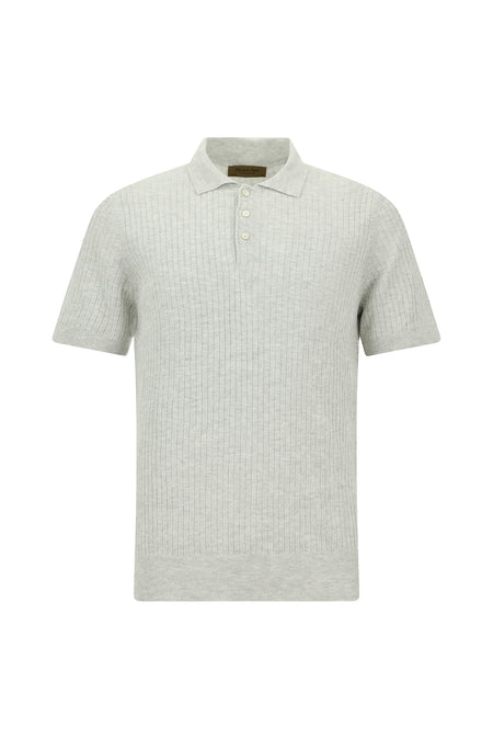 Orta Gri Melanj Slim Fit Dar Kesim Çizgili Pamuklu Keten İtalyan Triko Polo T-shirt