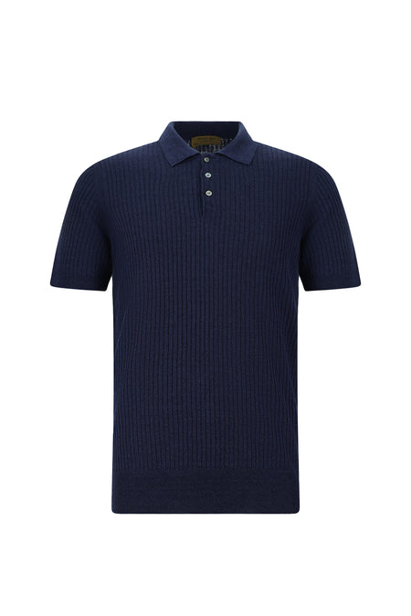 Koyu Lacivert Slim Fit Dar Kesim Çizgili Pamuklu Keten İtalyan Triko Polo T-shirt