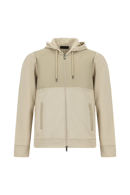 Açık Bej Kapüşonlu Regular Fit Pamuklu Fermuarlı Sweatshirt