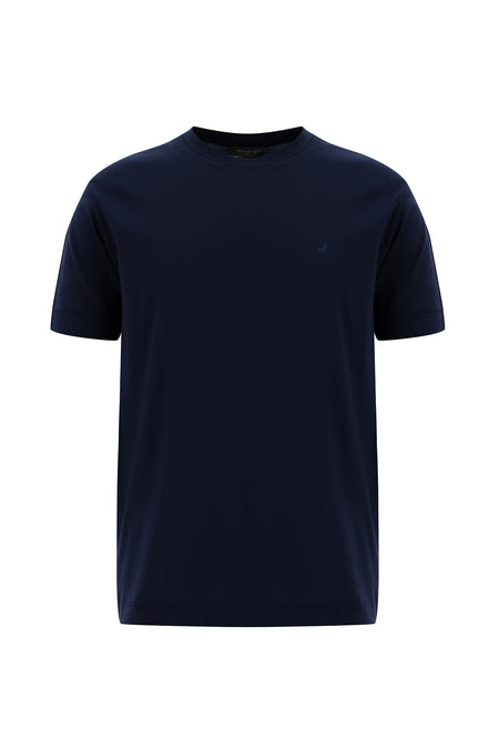 Koyu Lacivert Bisiklet Yaka Regular Fit Nakışlı Merserize Pamuk T-shirt